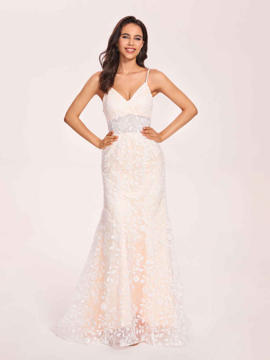 Sexy Spaghetti Straps V-neck Lace Mermaid Floor Length Wedding Dress