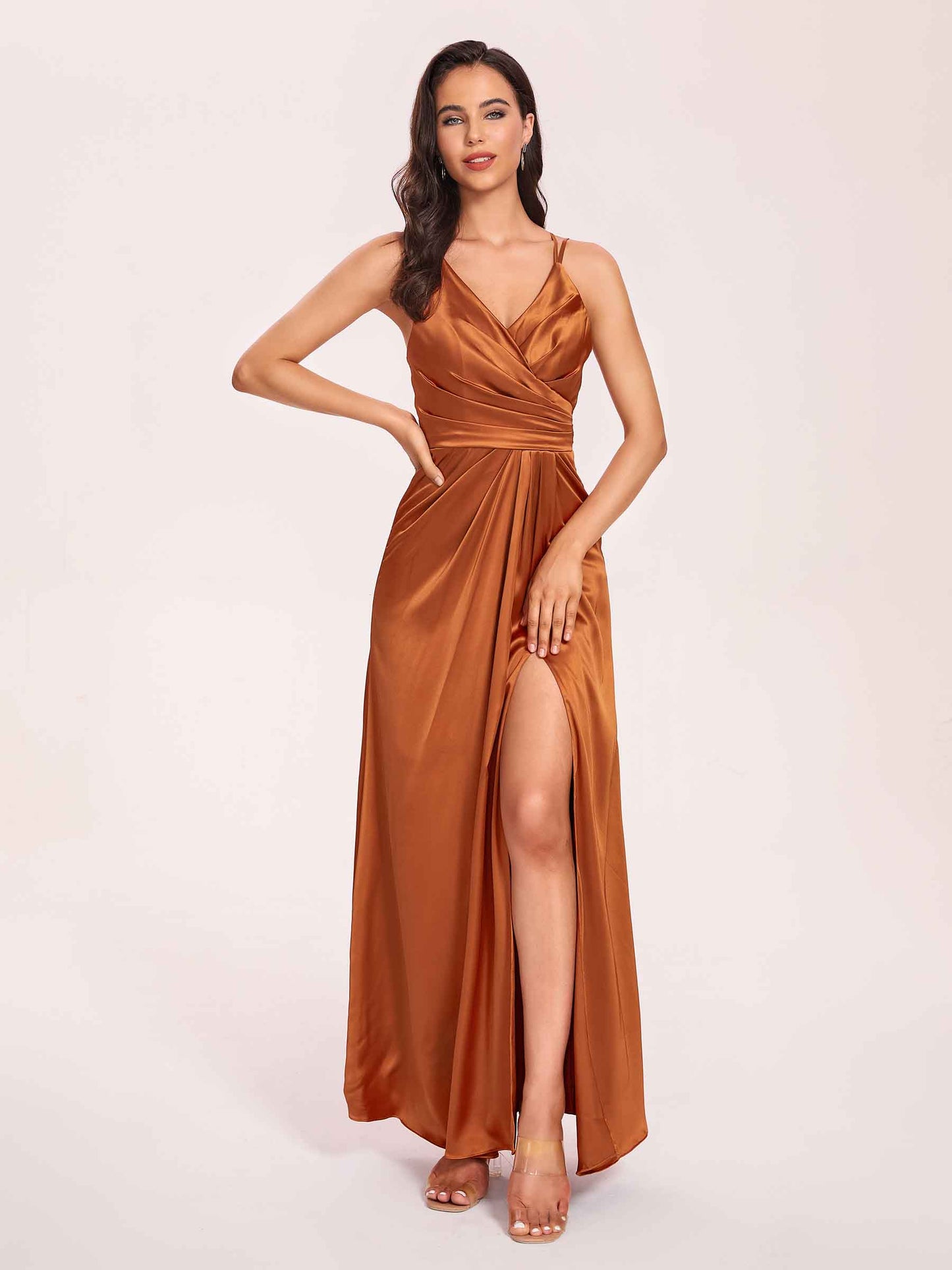 Sexy Satin A-line Bridesmaid Dresses Spaghetti Straps Side Slit V-neck Floor Length