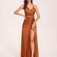 Sexy Satin A-line Prom Dresses Spaghetti Straps Side Slit V-neck Floor Length