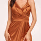 Sexy Satin A-line Prom Dresses Spaghetti Straps Side Slit V-neck Floor Length