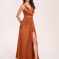 Sexy Satin A-line Prom Dresses Spaghetti Straps Side Slit V-neck Floor Length