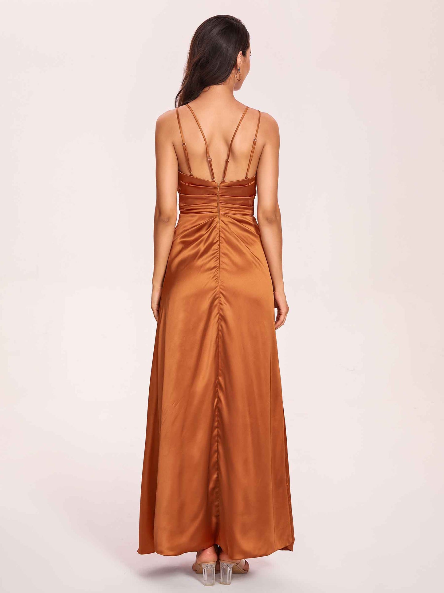 Sexy Satin A-line Bridesmaid Dresses Spaghetti Straps Side Slit V-neck Floor Length