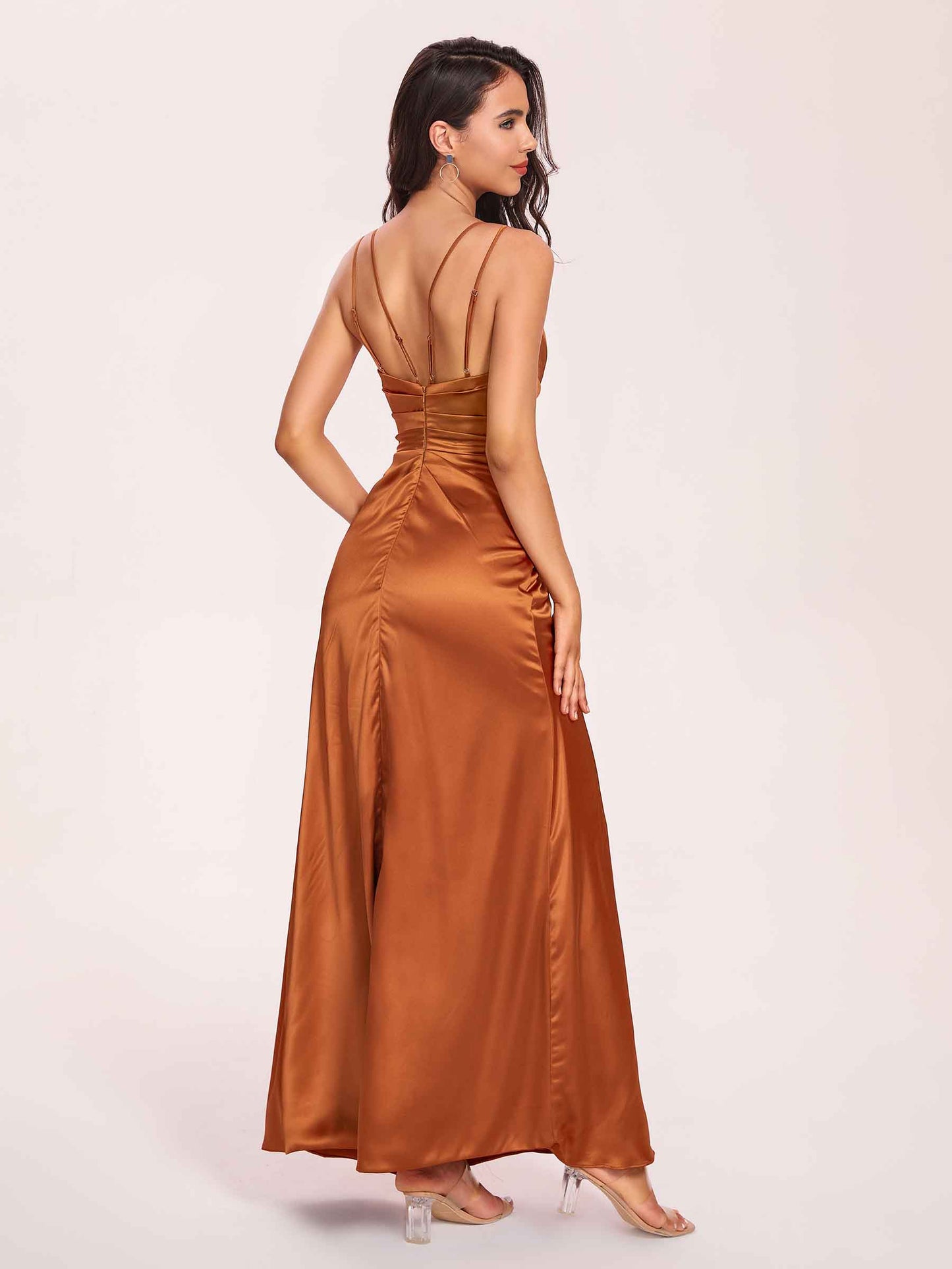 Sexy Satin A-line Bridesmaid Dresses Spaghetti Straps Side Slit V-neck Floor Length