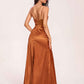 Sexy Satin A-line Prom Dresses Spaghetti Straps Side Slit V-neck Floor Length