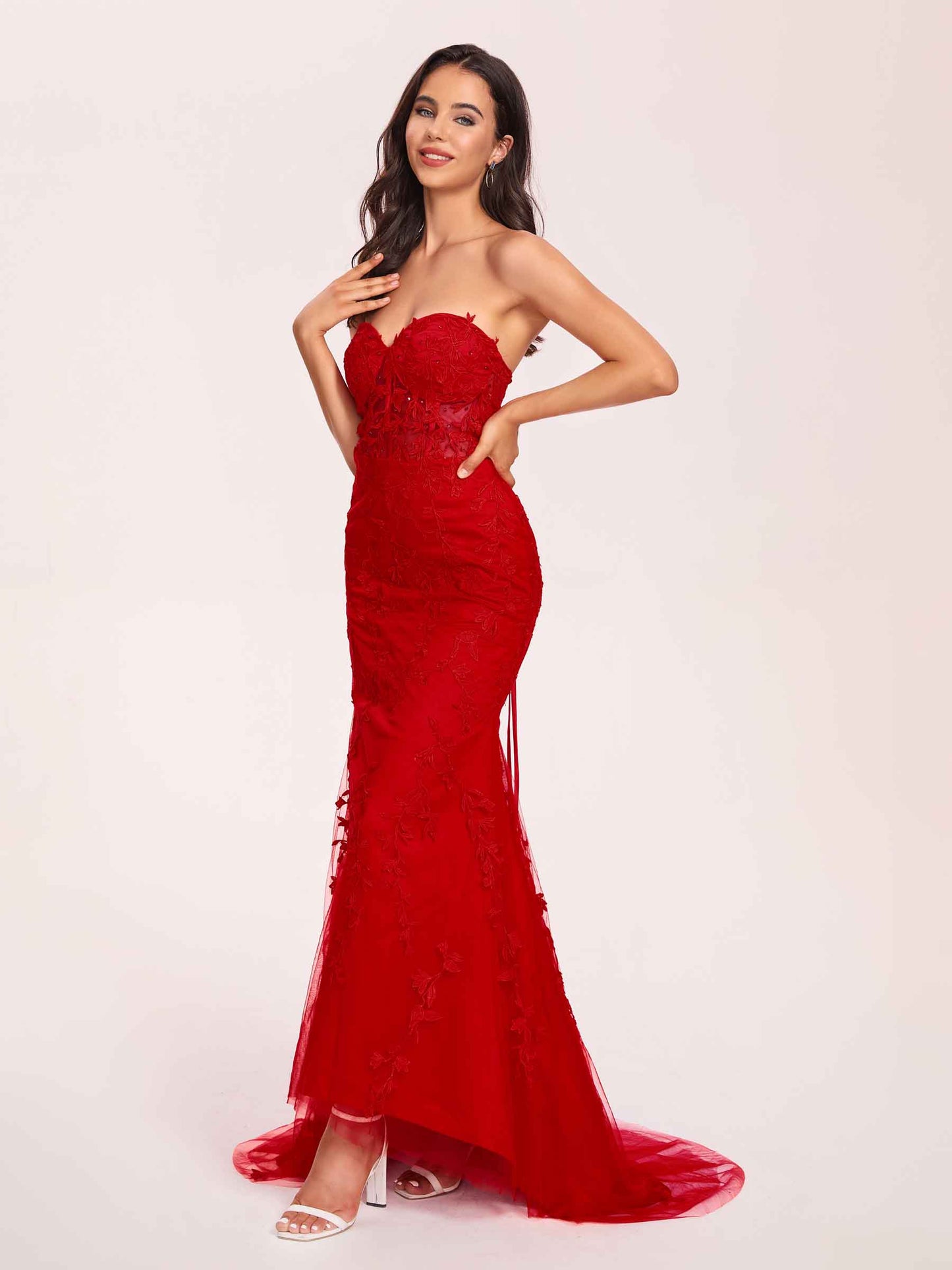 Lace Mermaid Prom Dress Beading Spaghetti Straps Sweetheart Long Evening Dress