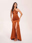 Sexy Satin Halter Long Prom Dresses Side Slit Pleats Floor Length Sheath