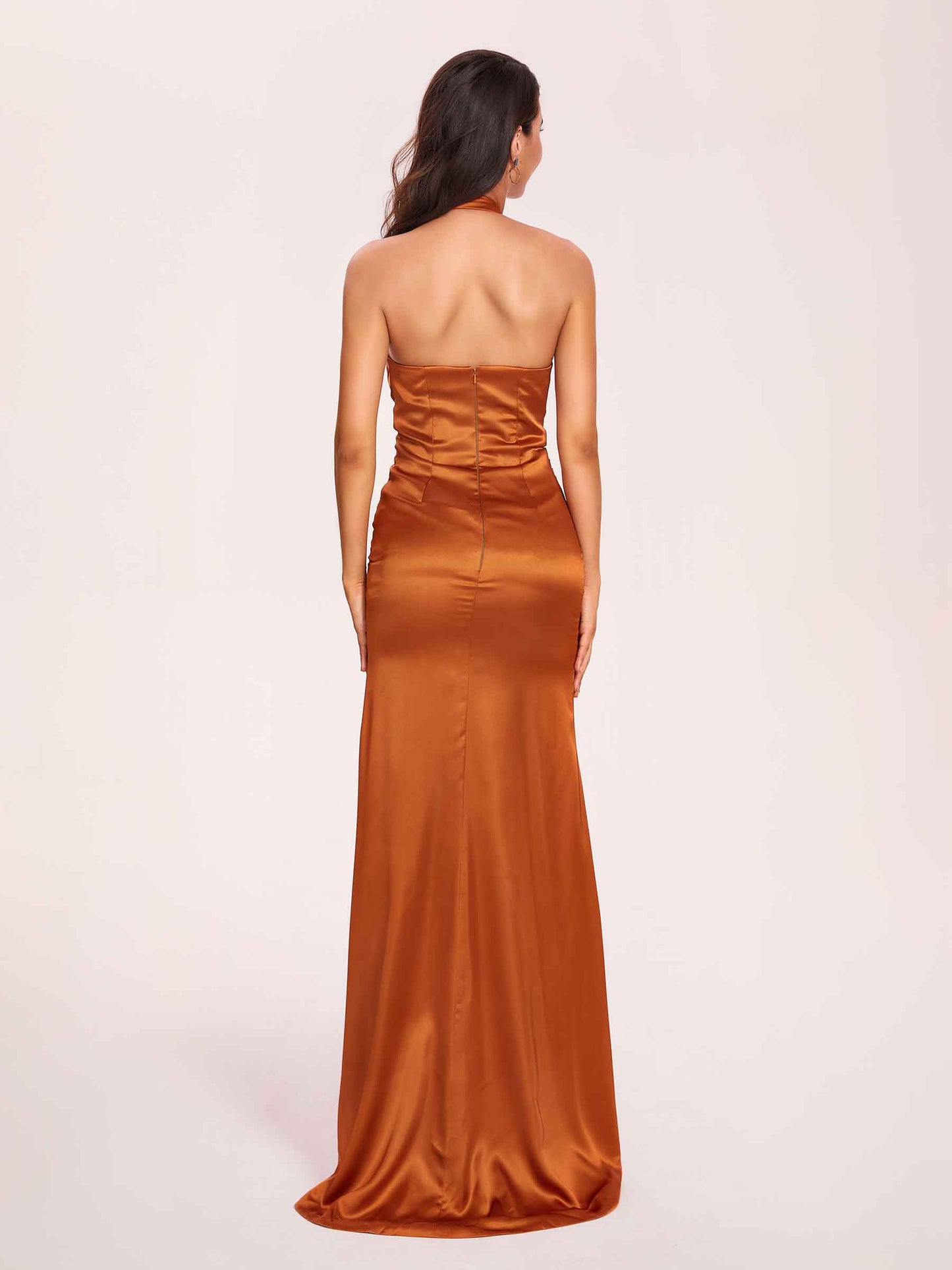 Sexy Satin Halter Long Bridesmaid Dresses Side Slit Pleats Floor Length Sheath