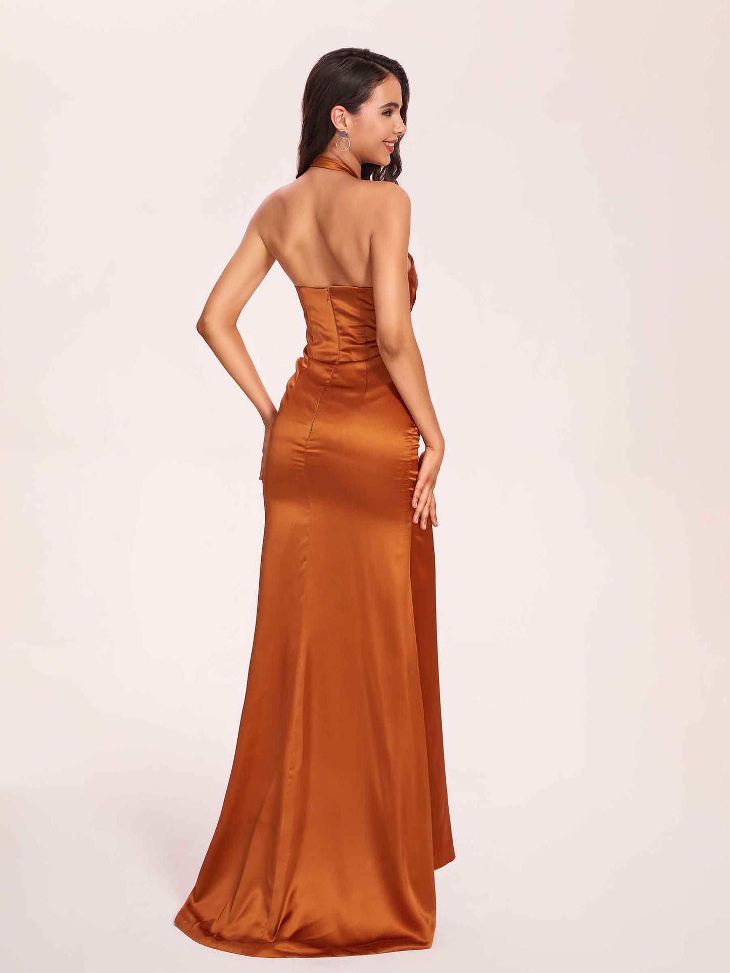 Sexy Satin Halter Long Bridesmaid Dresses Side Slit Pleats Floor Length Sheath