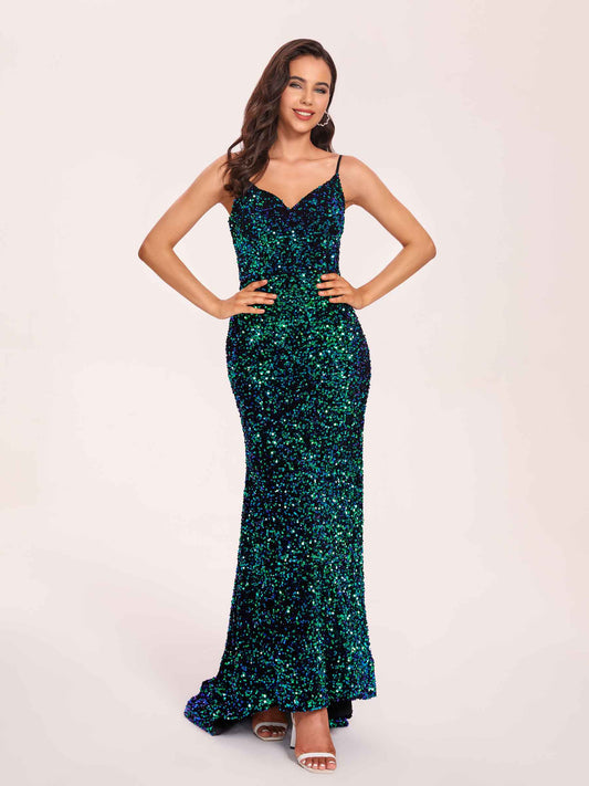 Sparkly Long Mermaid Prom Dress Spaghetti Straps Sweetheart Floor-length Evening Dress