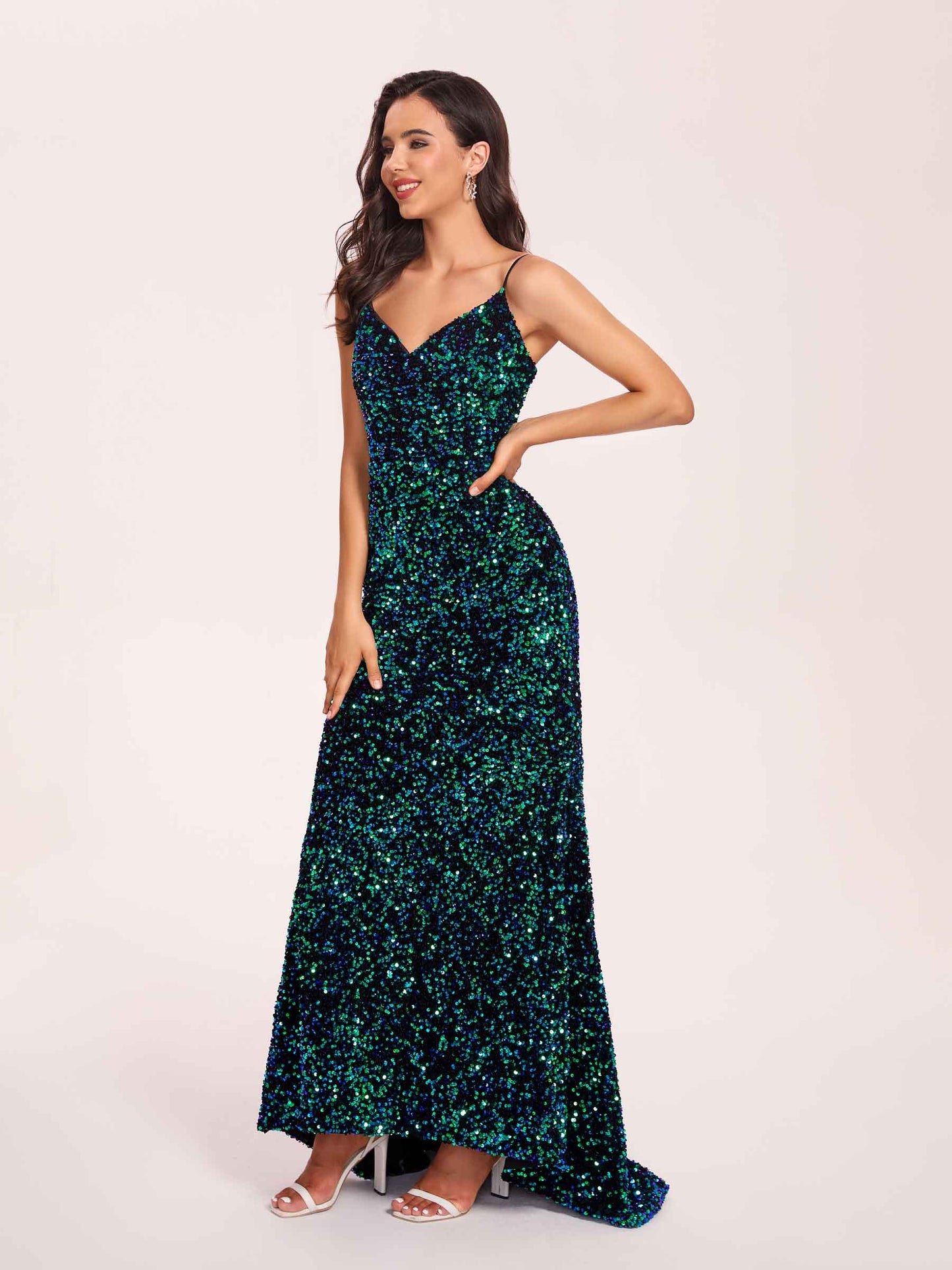 Sparkly Long Mermaid Prom Dress Spaghetti Straps Sweetheart Floor-length Evening Dress