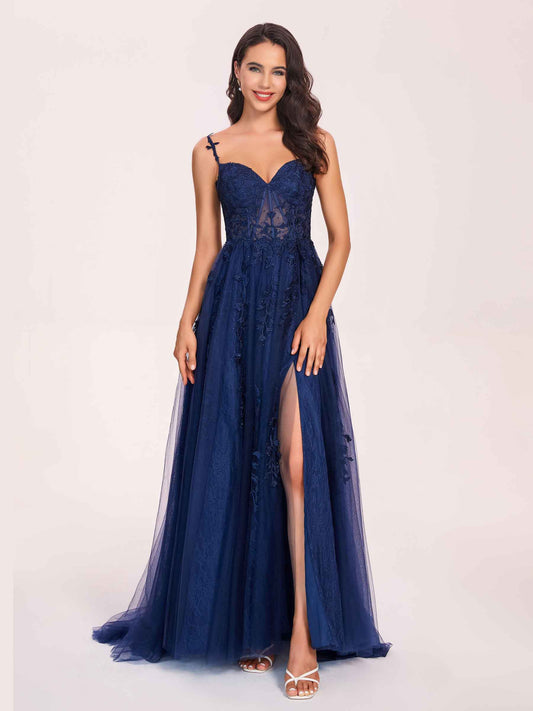 Dark Navy Long Prom Dress Spaghetti Straps Sweetheart A-line Evening Dress