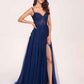 Dark Navy Long Prom Dress Spaghetti Straps Sweetheart A-line Evening Dress