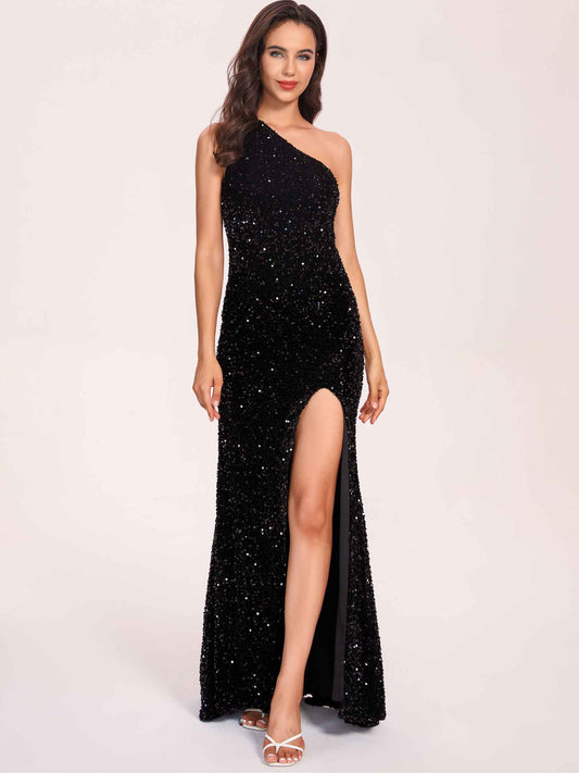 Sexy Black Long Prom Dress One-shoulder Sleeveless Side-slit Sheath Evening Dress