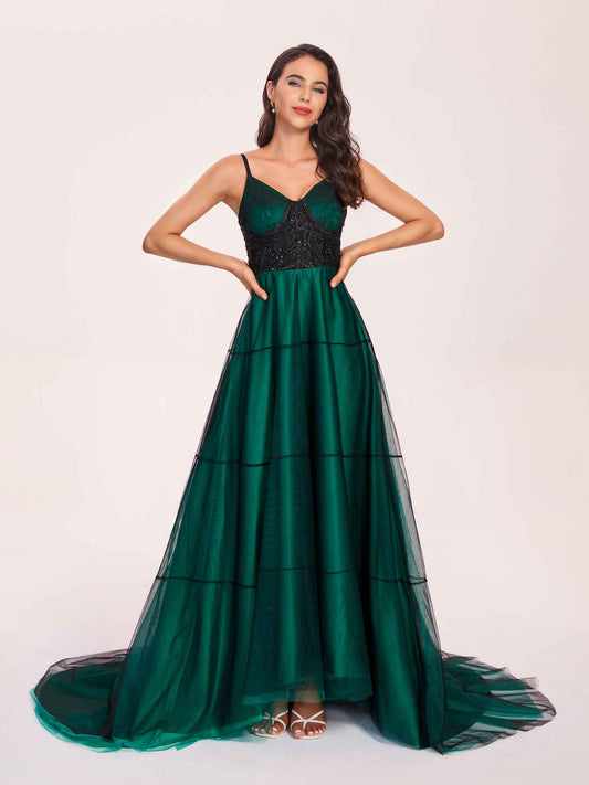 Charming A-line Prom Dress Spaghetti Straps V-neck Evening Dress