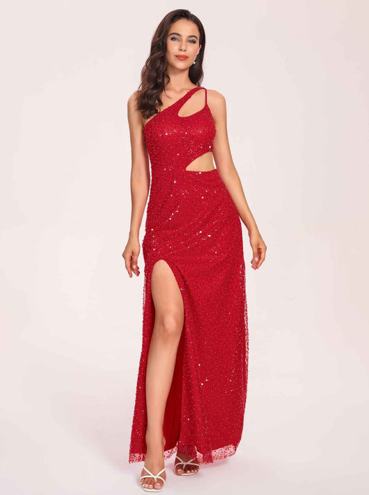 Sexy Beading Sheath Long Prom Dress One Shoulder Side-slit Evening Dress