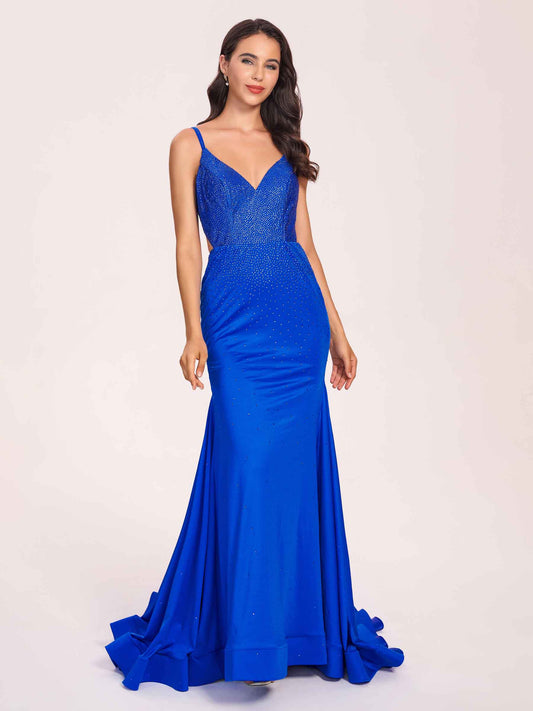 Sexy Royal Blue Mermaid Criss Cross Long Prom Dress V-neck Spaghetti Straps Evening Dress
