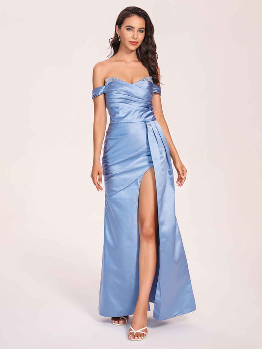 Elegant Satin Off Shoulder Bridesmaid Dresses Side-slit Sweetheart Floor Length Sheath