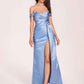 Elegant Satin Off Shoulder Prom Dresses Side-slit Sweetheart Floor Length Sheath