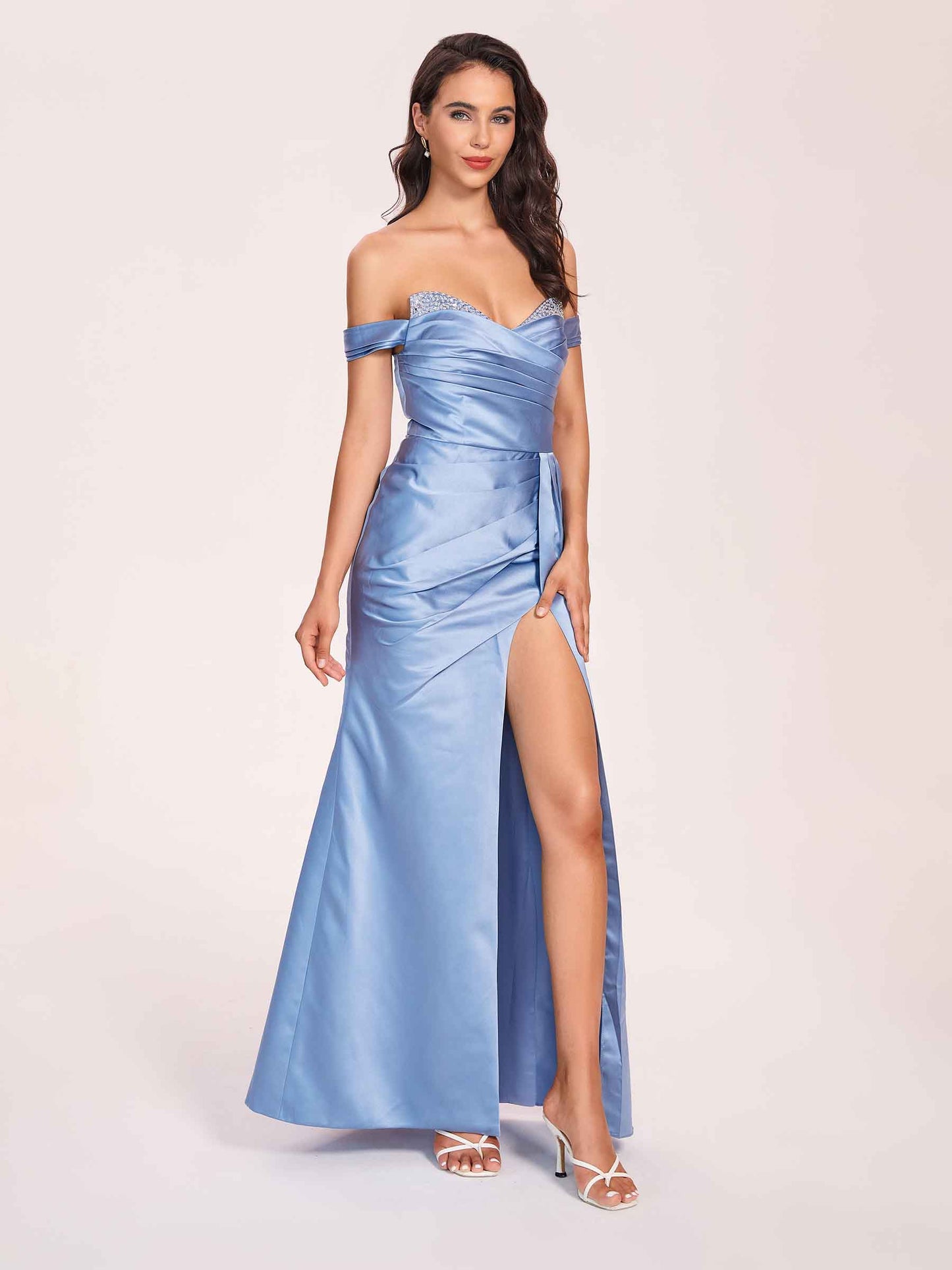 Elegant Satin Off Shoulder Bridesmaid Dresses Side-slit Sweetheart Floor Length Sheath