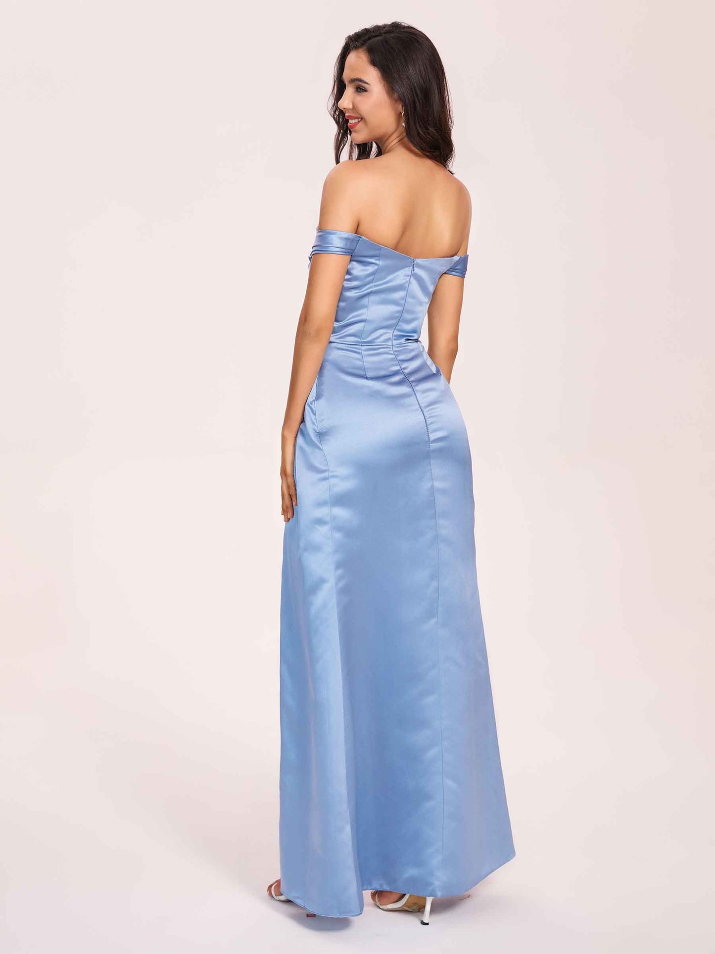 Elegant Satin Off Shoulder Bridesmaid Dresses Side-slit Sweetheart Floor Length Sheath