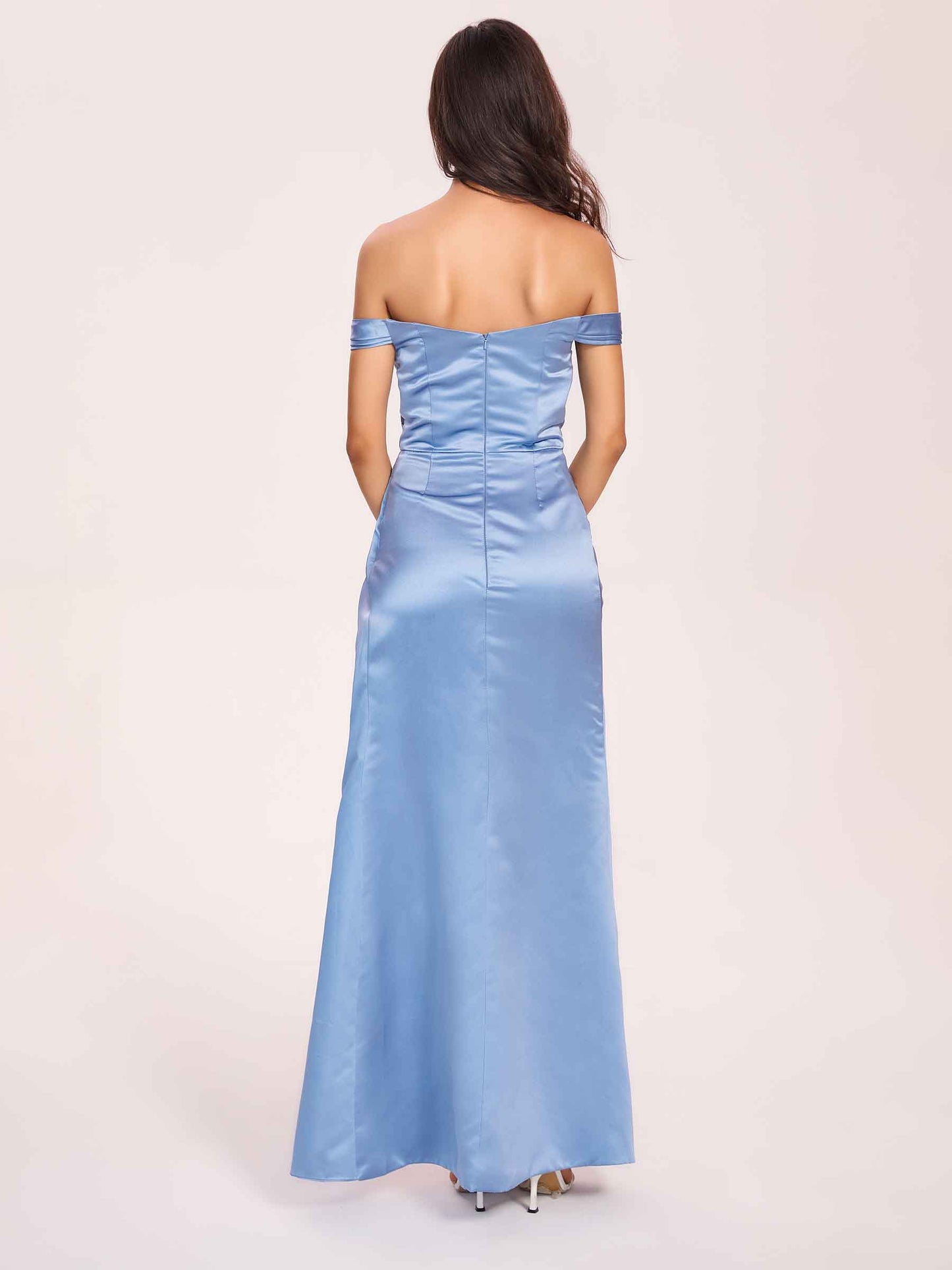 Elegant Satin Off Shoulder Bridesmaid Dresses Side-slit Sweetheart Floor Length Sheath