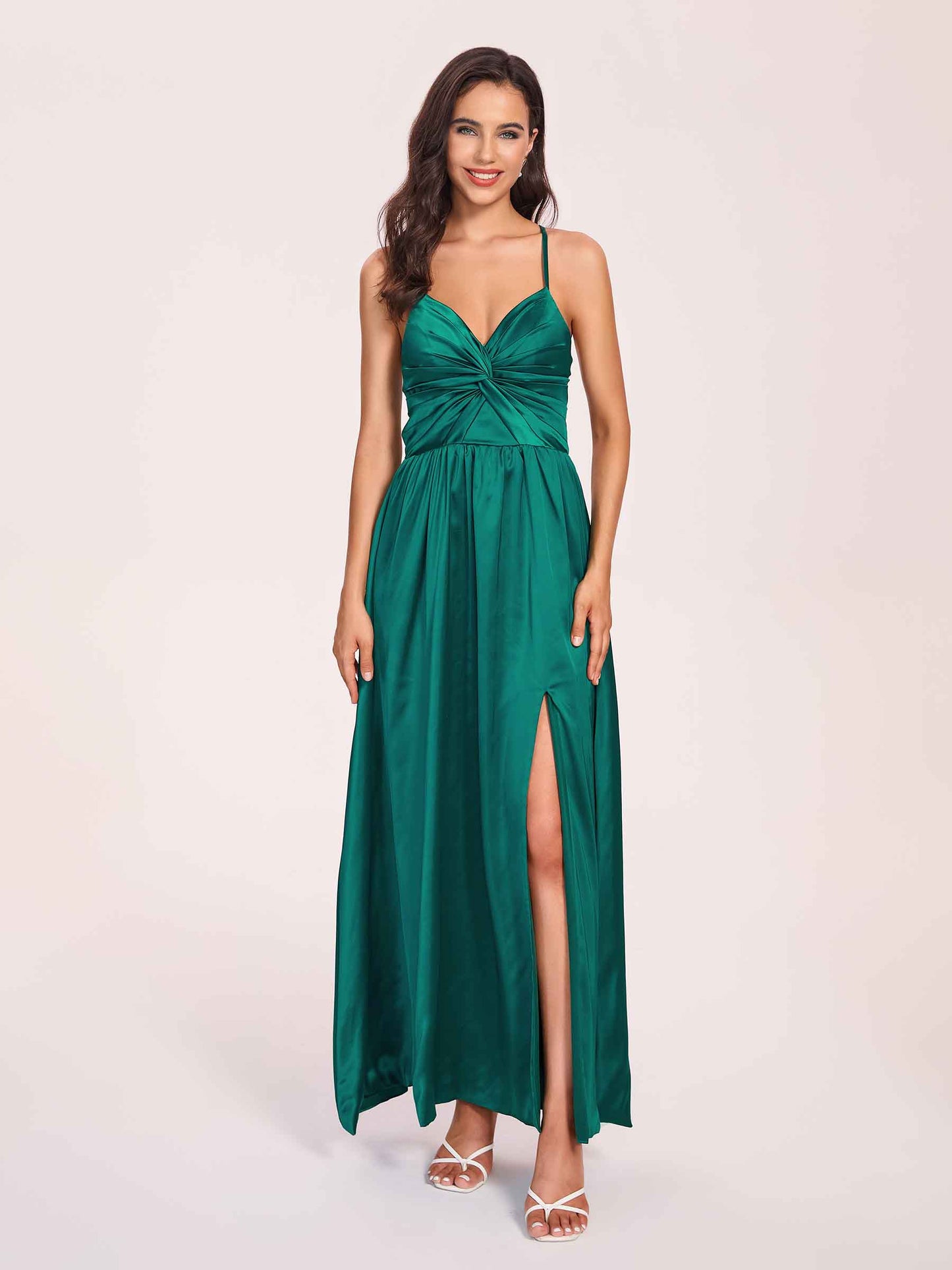 Satin Spaghetti Straps A-line Bridesmaid Dresses Side Slit Floor Length