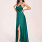Satin Spaghetti Straps A-line Bridesmaid Dresses Side Slit Floor Length