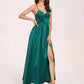 Satin Spaghetti Straps A-line Bridesmaid Dresses Side Slit Floor Length