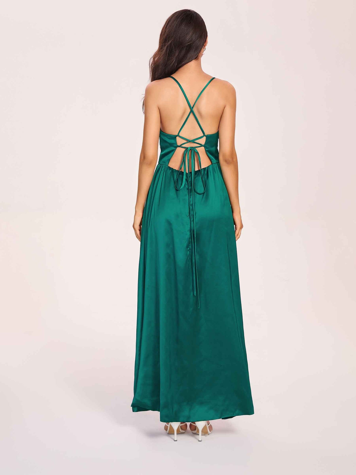 Satin Spaghetti Straps A-line Prom Dresses Side Slit Floor Length