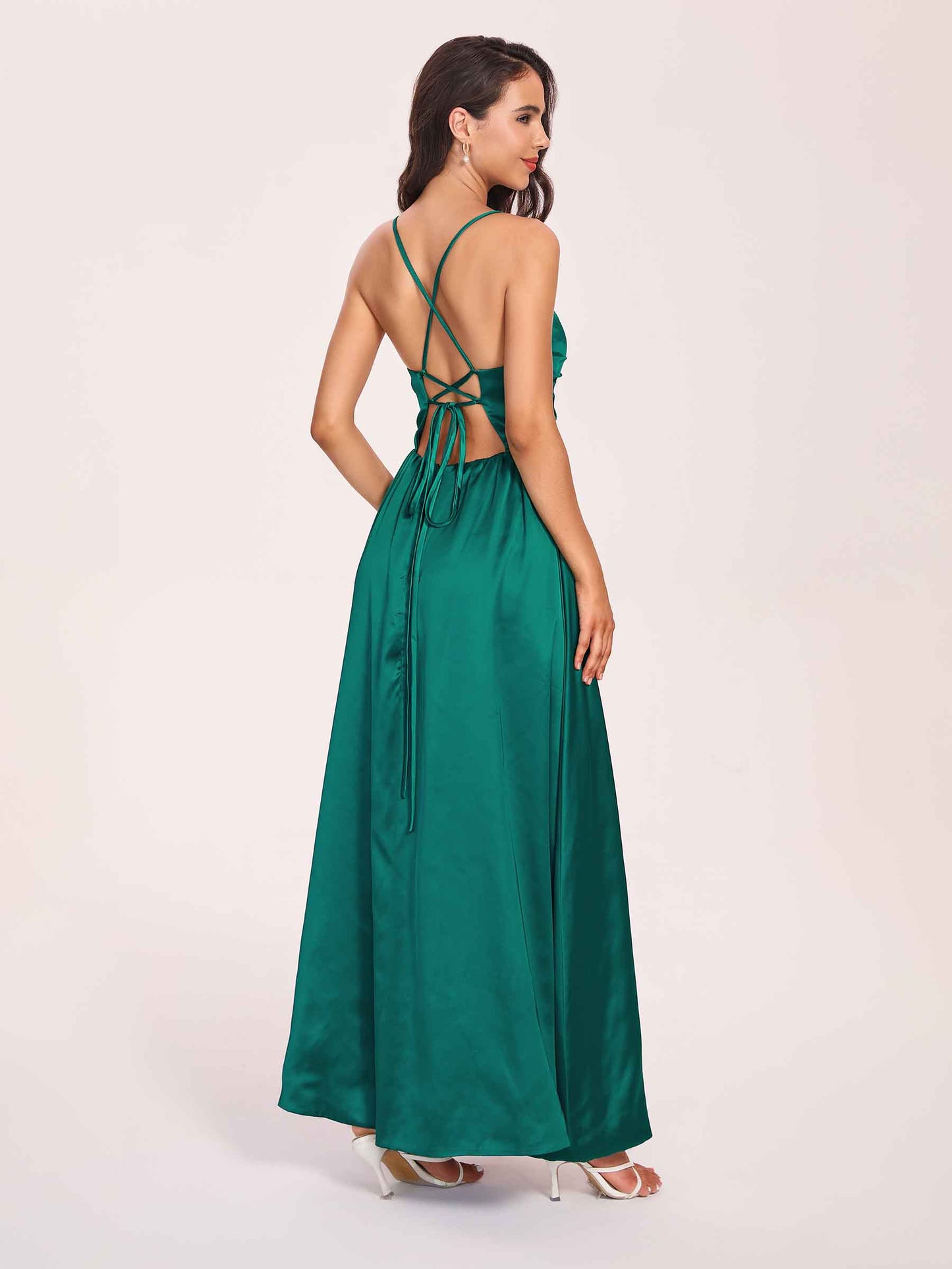 Satin Spaghetti Straps A-line Bridesmaid Dresses Side Slit Floor Length