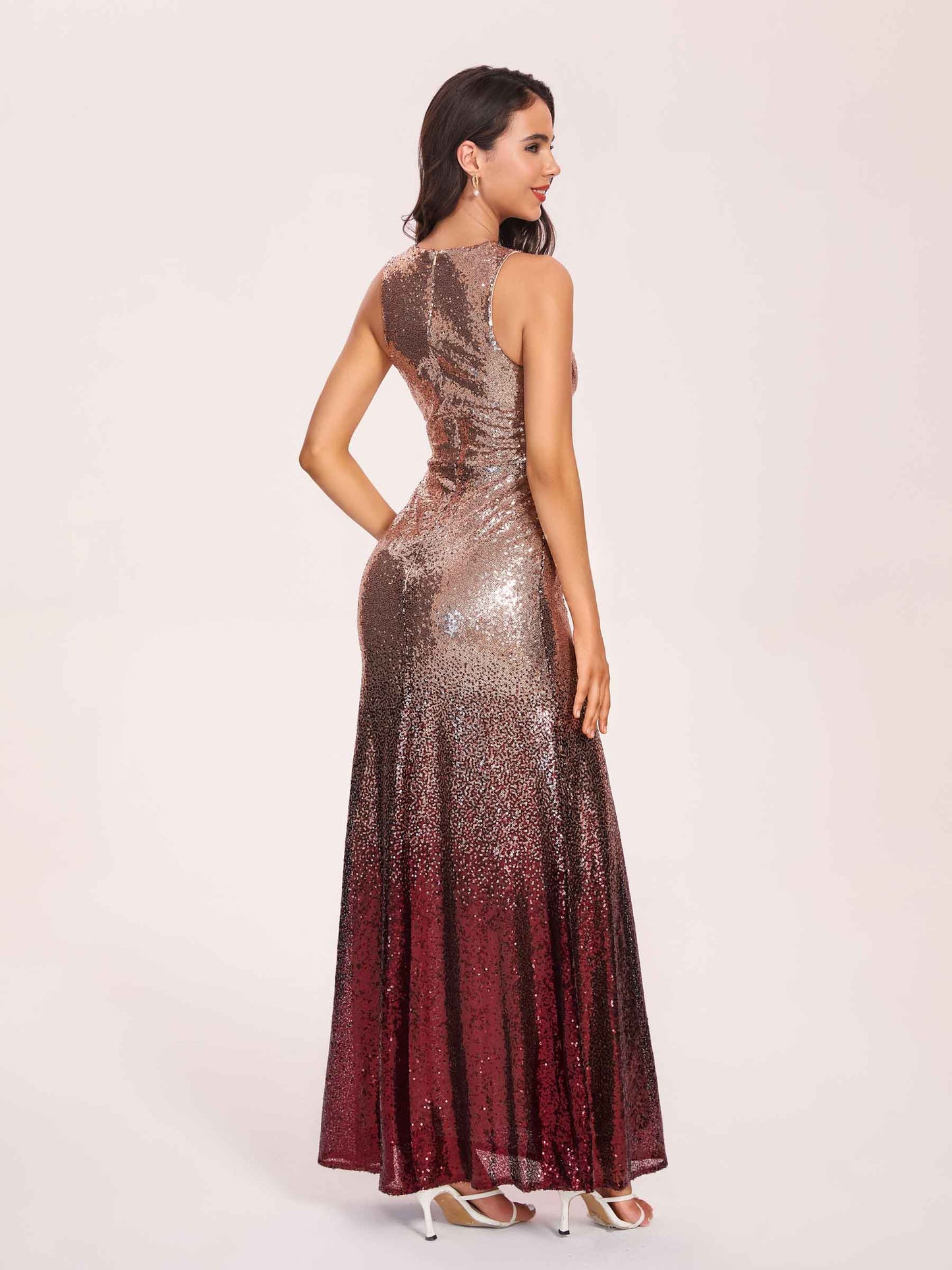 Gradient Sequin Mermaid Prom Dress Jewel Sleeveless Floor-Length Evening Dress