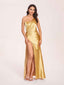Sexy Satin One-shoulder Bridesmaid Dresses Side Slit Sheath Floor Length Long