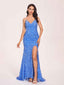 Sexy V-neck Mermaid Long Prom Dress Spaghetti Straps Side-Slit Sequin Evening Dress