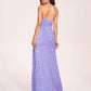 Sparkly Lilac Sequin Prom Dress Strapless Side-Slit Floor-Length Evening Dress