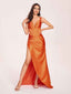 Satin Spaghetti Straps Corset Bridesmaid Dresses Pleats Side-Slit Sheath Floor Length
