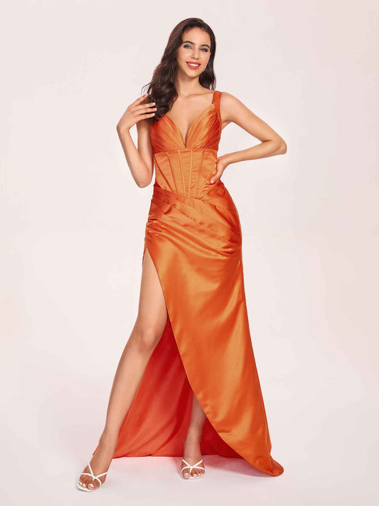 Satin Spaghetti Straps Corset Prom Dresses Pleats Side-Slit Sheath Floor Length