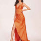 Satin Spaghetti Straps Corset Prom Dresses Pleats Side-Slit Sheath Floor Length