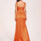 Satin Spaghetti Straps Corset Prom Dresses Pleats Side-Slit Sheath Floor Length
