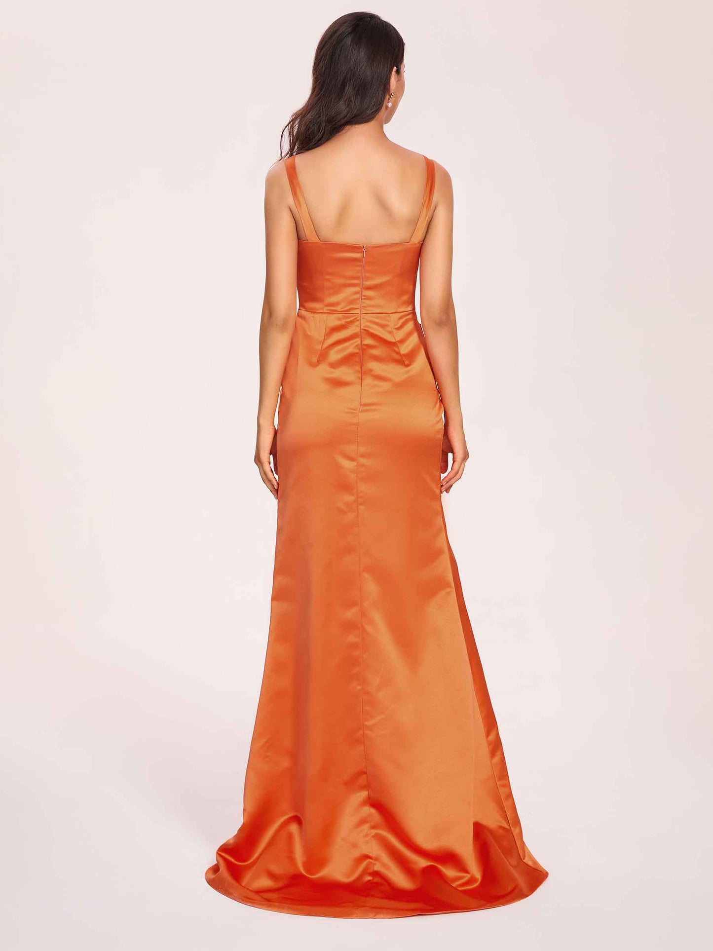 Satin Spaghetti Straps Corset Bridesmaid Dresses Pleats Side-Slit Sheath Floor Length