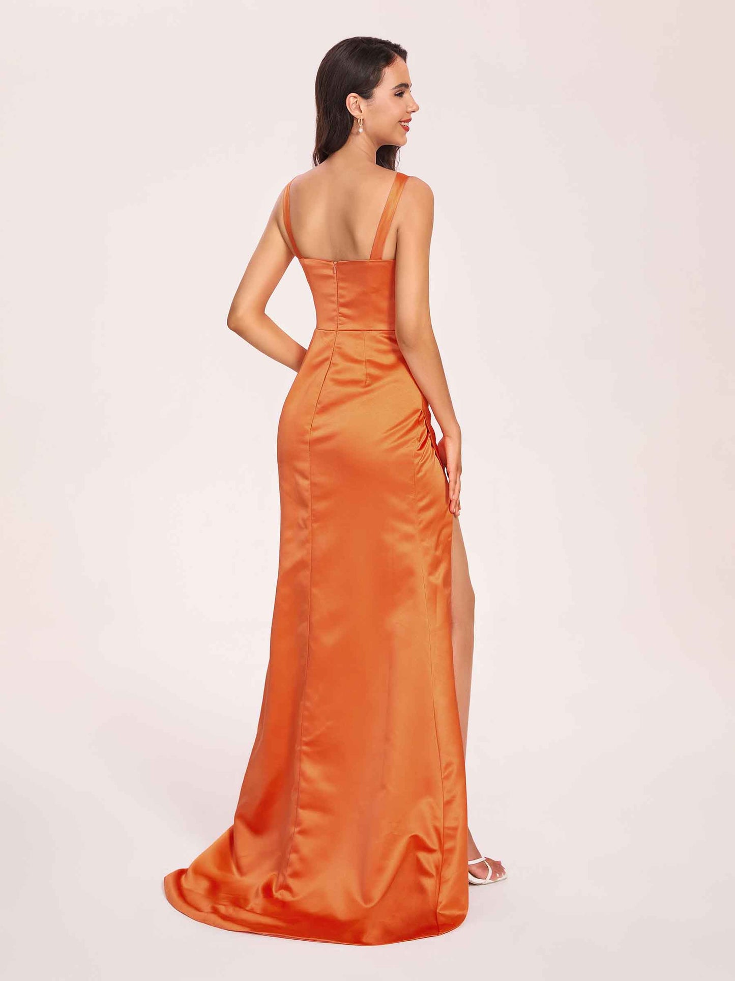 Satin Spaghetti Straps Corset Bridesmaid Dresses Pleats Side-Slit Sheath Floor Length