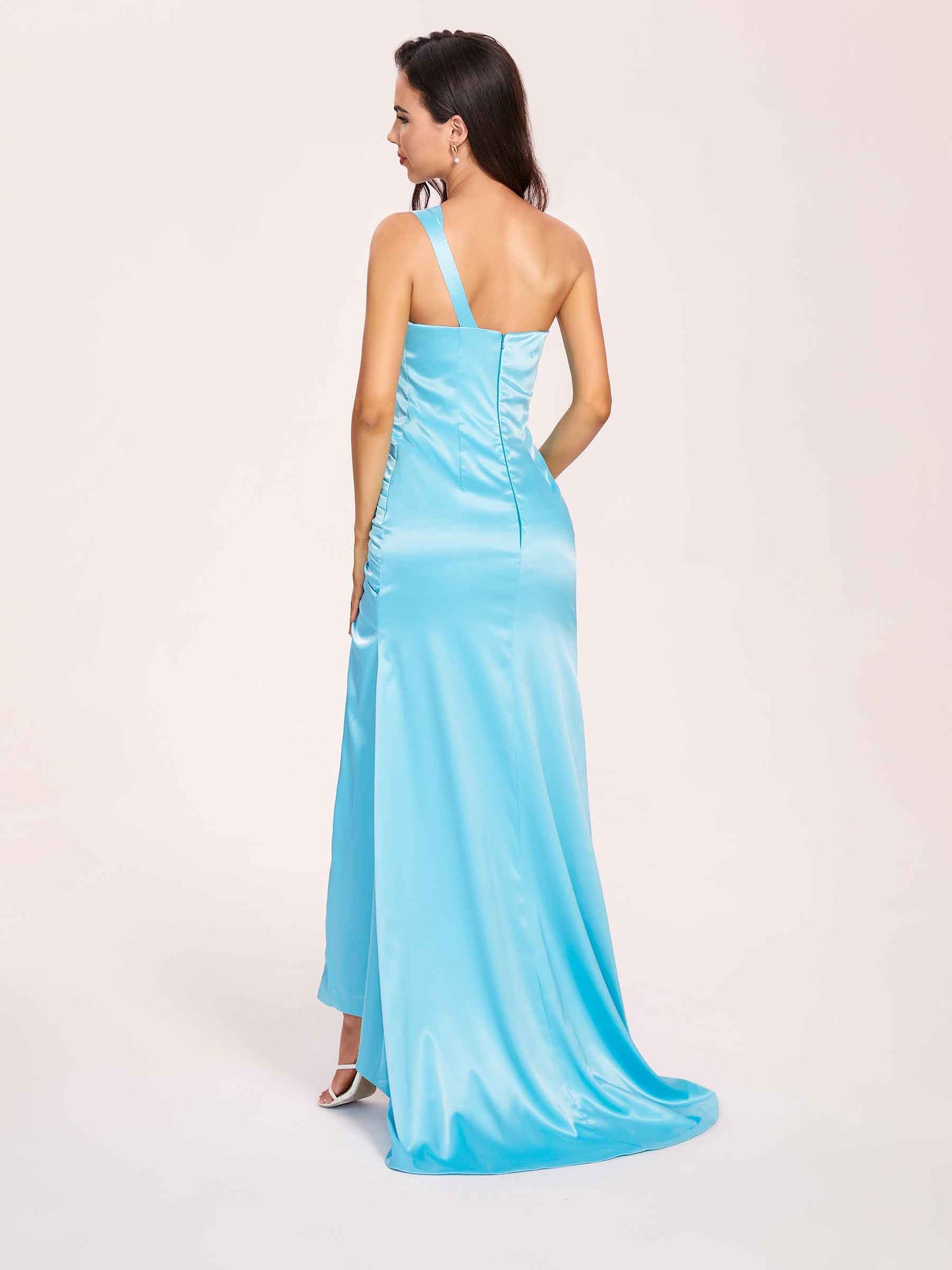 Sexy Satin One-shoulder Bridesmaid Dresses Side Slit Sheath Floor Length Long