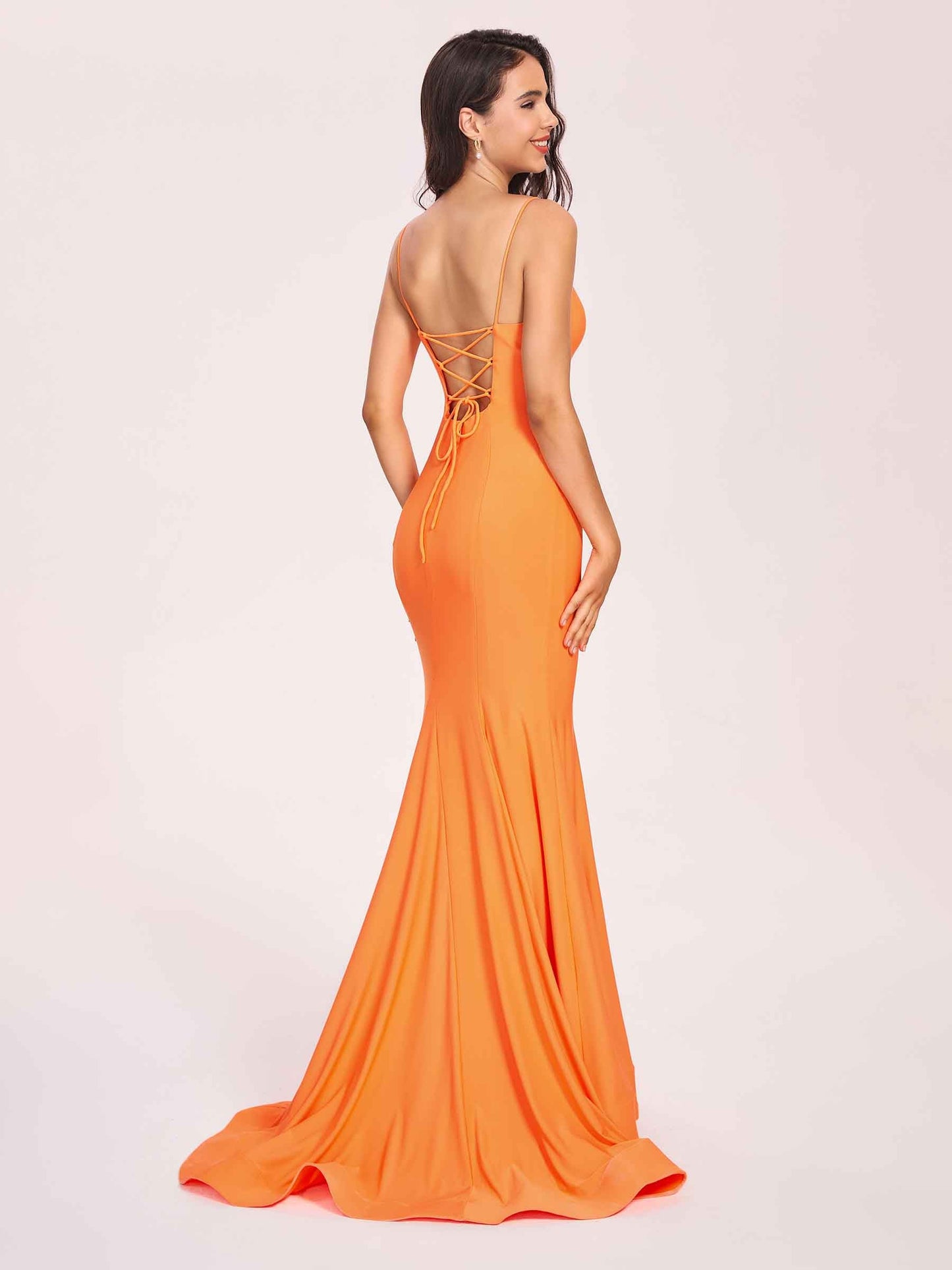 Sexy Satin Mermaid Prom Dresses Spaghetti Straps V-neck Floor Length Lace-up Back