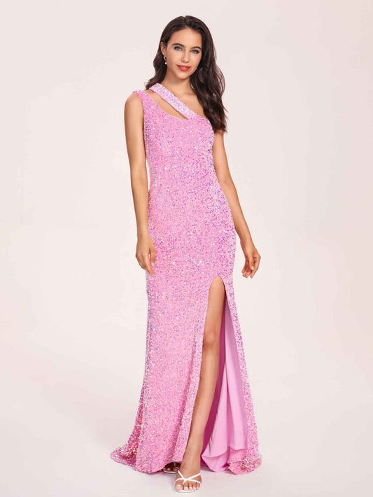 Candy Pink Sequin Prom Dress One-Shoulder Side-Slit Floor-Length Evening Dress