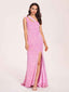 Candy Pink Sequin Prom Dress One-Shoulder Side-Slit Floor-Length Evening Dress