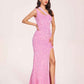Candy Pink Sequin Prom Dress One-Shoulder Side-Slit Floor-Length Evening Dress