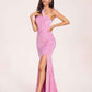 Candy Pink Sequin Prom Dress One-Shoulder Side-Slit Floor-Length Evening Dress