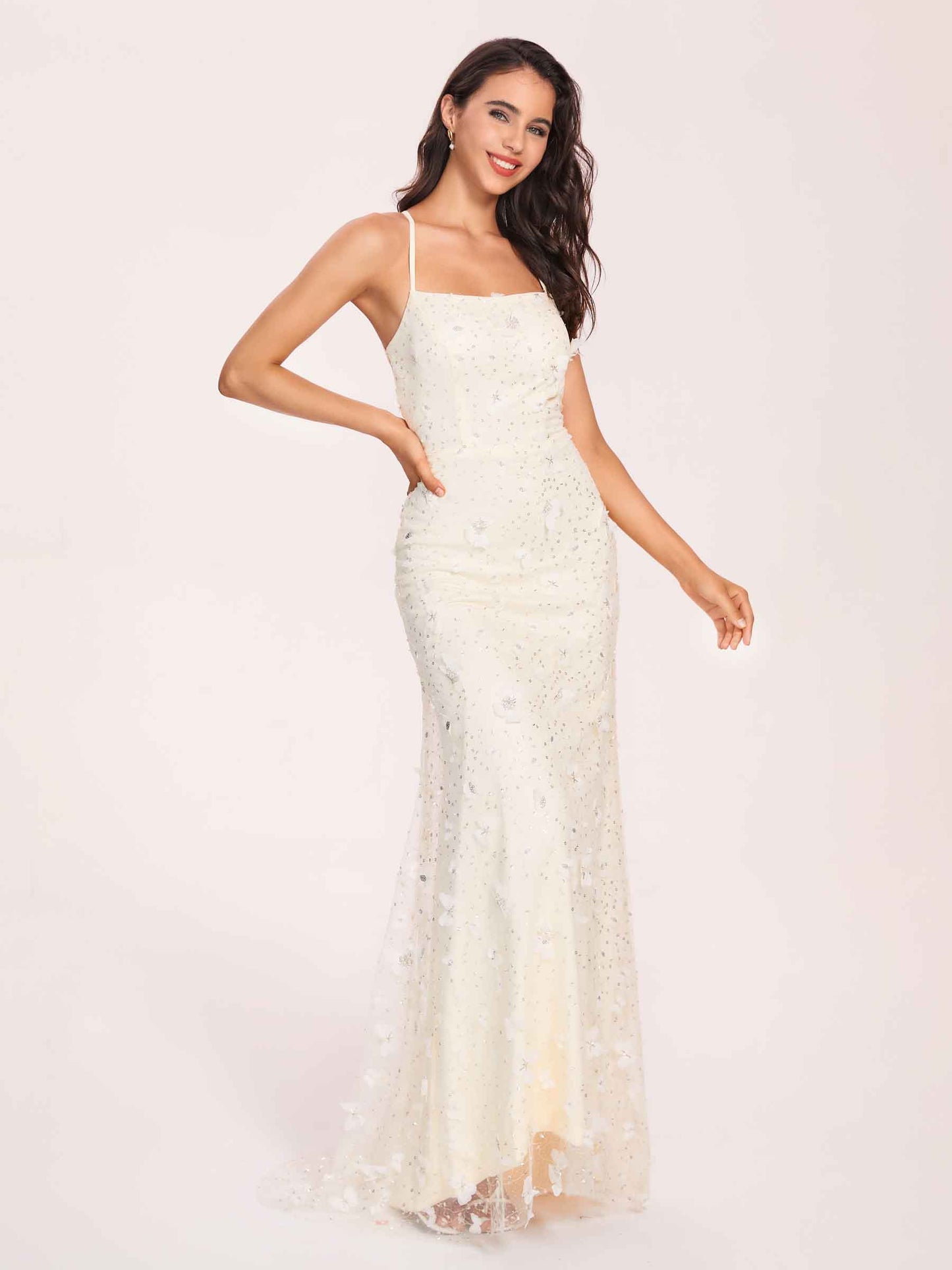 Sexy Cream Prom Dress Square Applique Spaghetti Straps Evening Dress