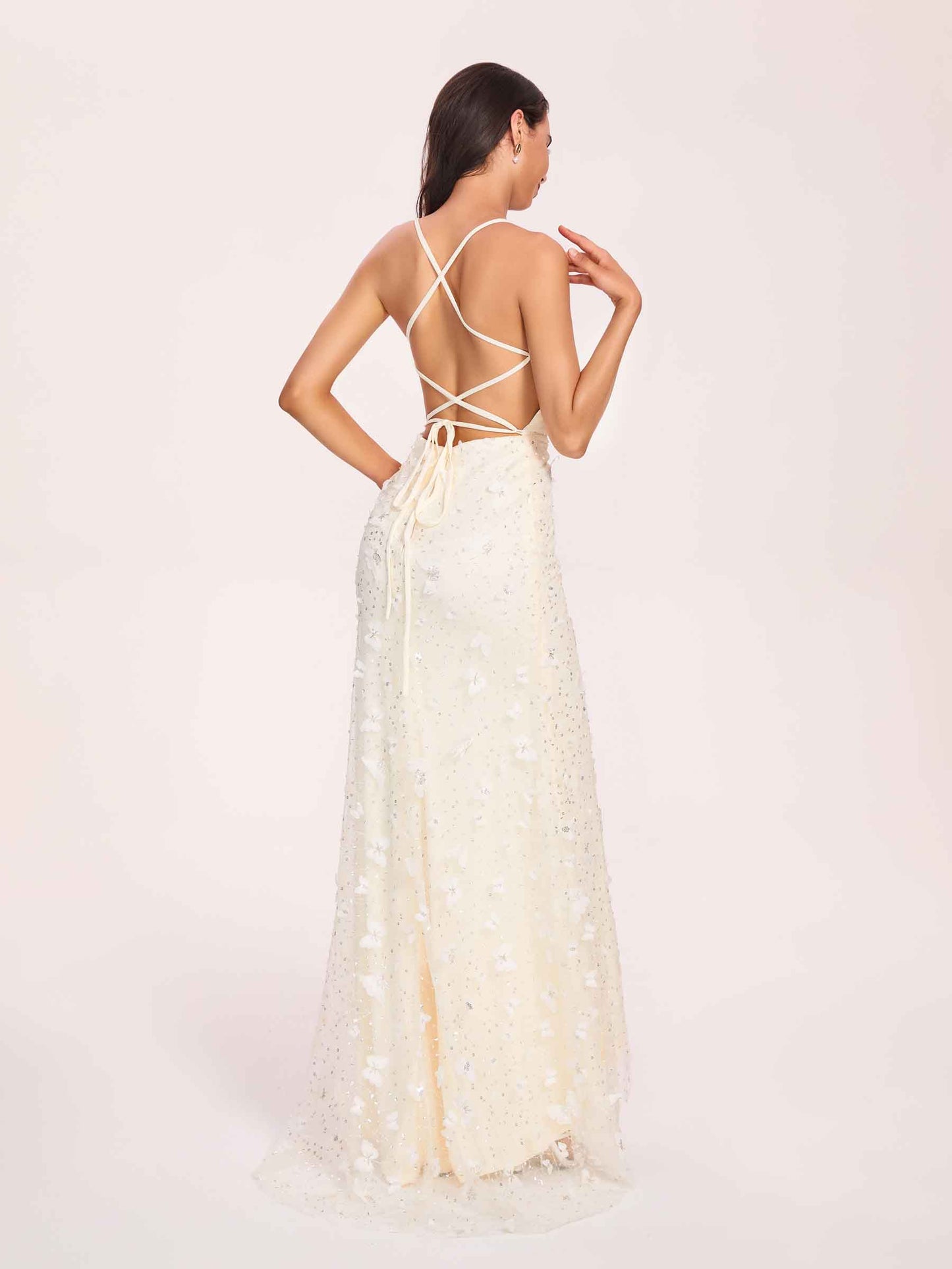 Sexy Cream Prom Dress Square Applique Spaghetti Straps Evening Dress