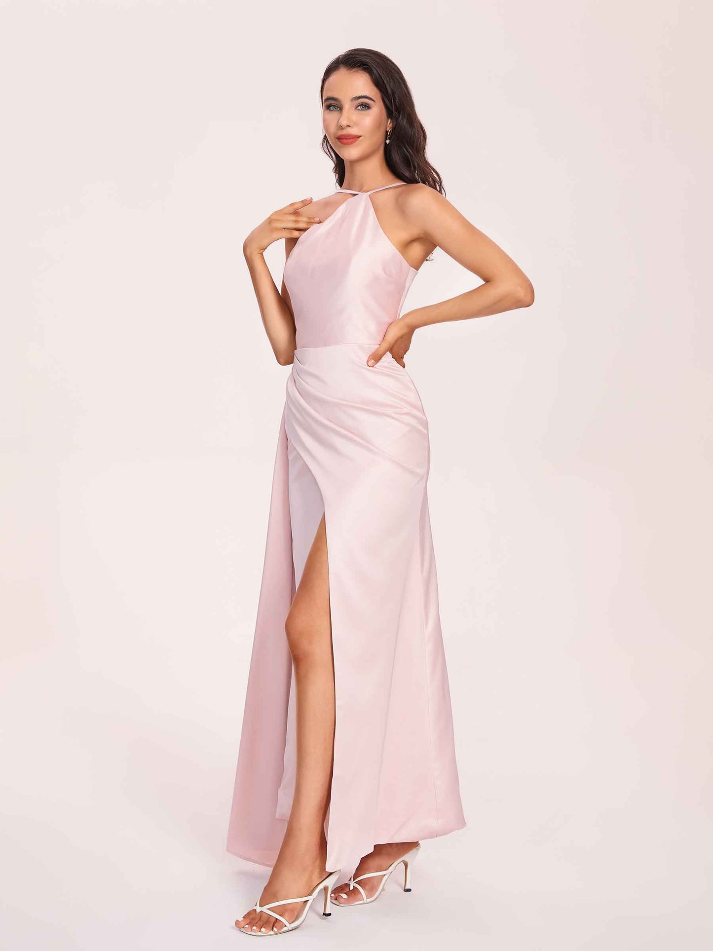 Sexy Satin Halter Strap Sheath Bridesmaid Dresses Side Slit Pleats Floor Length