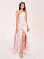 Sexy Satin Halter Strap Sheath Bridesmaid Dresses Side Slit Pleats Floor Length